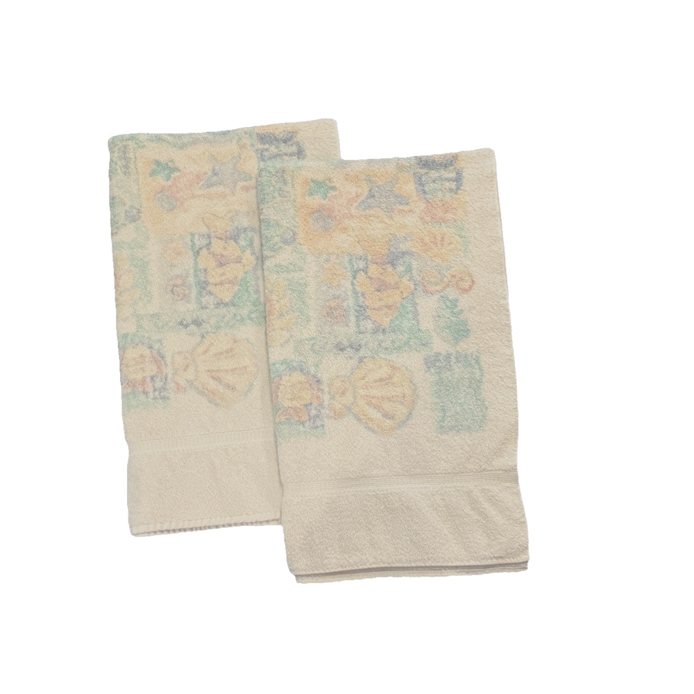 Pair Vintage JC Penney Cotton Towels Beach Theme Bath Decor Seashells Pool Ocean